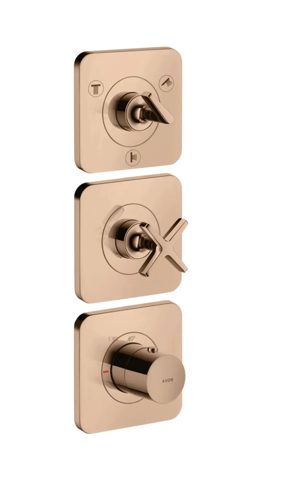 Thermostatmodul mit drei Steuerungselementen in Polished Red Gold. AXOR-Logo sichtbar. Gestaltung zur Wandmontage mit quadratischen Abdeckungen.